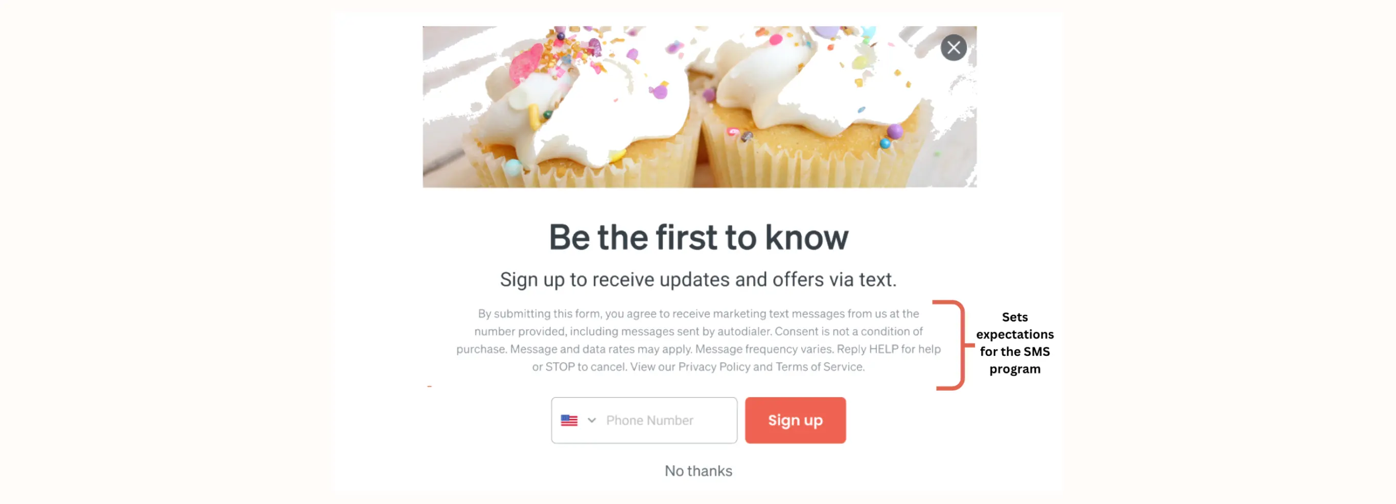 Cupcakes with sprinkles above a text signup form for updates and offers via text. Includes a phone number field and a "Sign up" button.