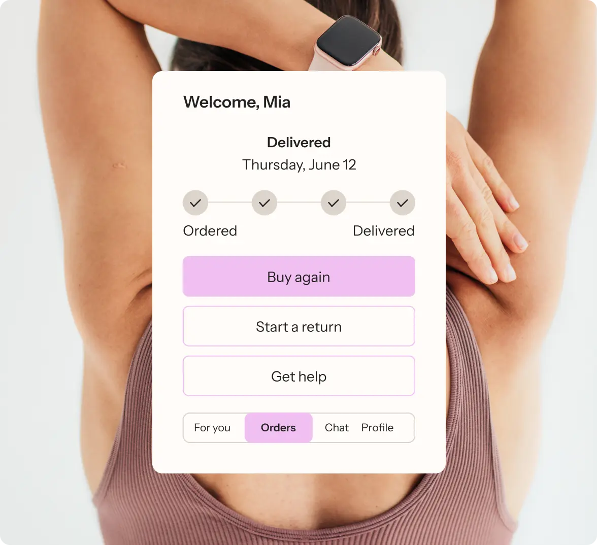 Image of a woman in a lavender coloured top and in front a graphic representing the stages of a customer order, purchase, shipping and delivery status