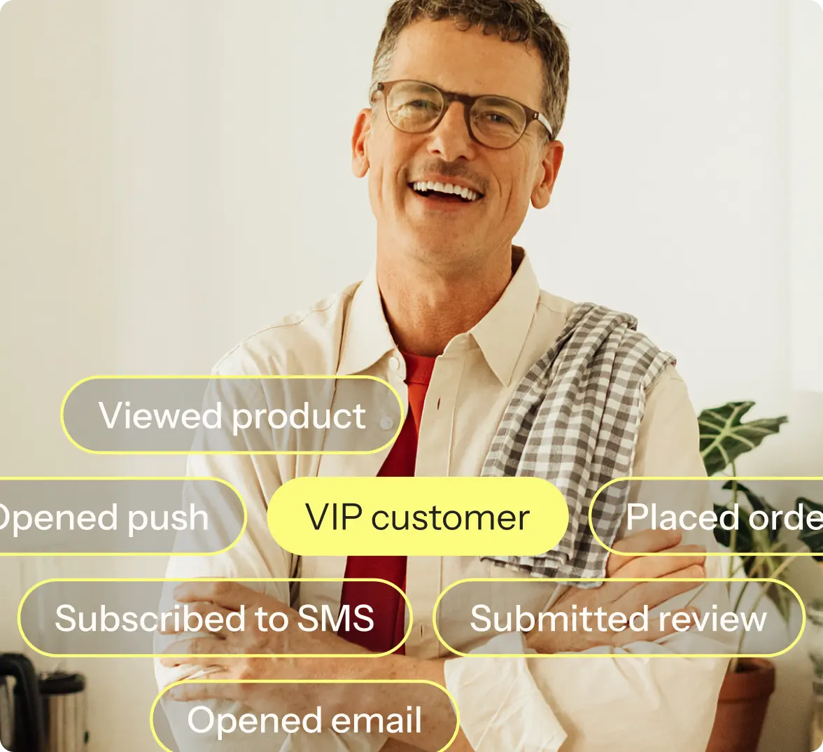 Image of a man wearing glasses, smiling. In front of him, are words in bubble graphics with a yellow outline, appearing to float in front of him, representing actions he has taken as a customer such as "viewed product", "subscribed to SMS. The words "VIP customer" is also featured and highlighted as a full coloured yellow bubble - suggesting that through his interactions with the brand he has become a VIP customer