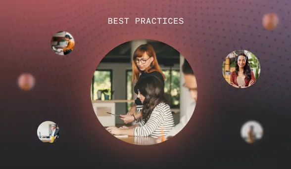 People collaborating at a desk, surrounded by smaller images of individuals. Text above reads "Best Practices".