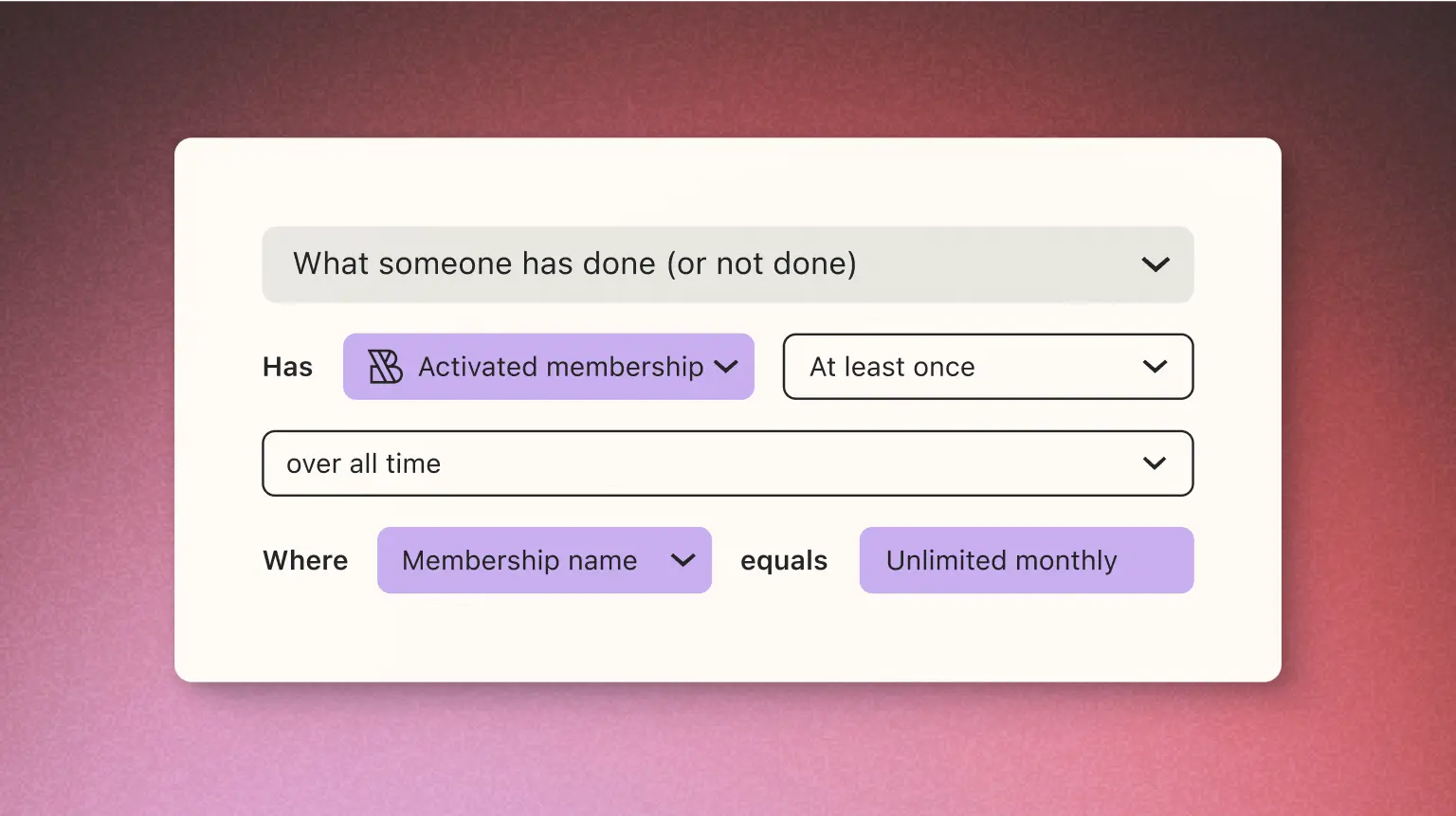 Dropdown menu interface for tracking activated memberships, showing options for frequency and membership type.