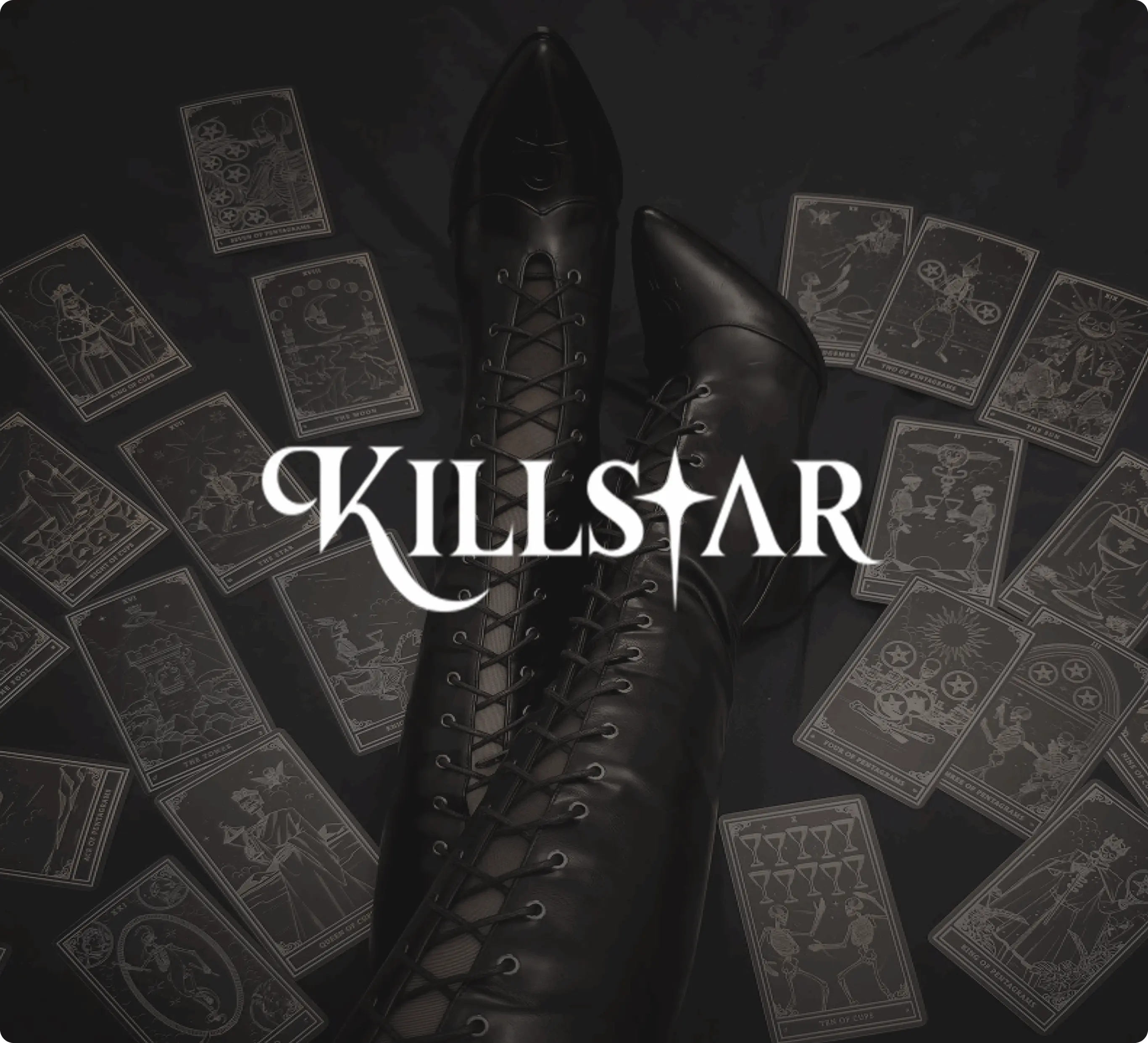Black lace-up boots surrounded by tarot cards, with the "Killstar" logo overlay.
