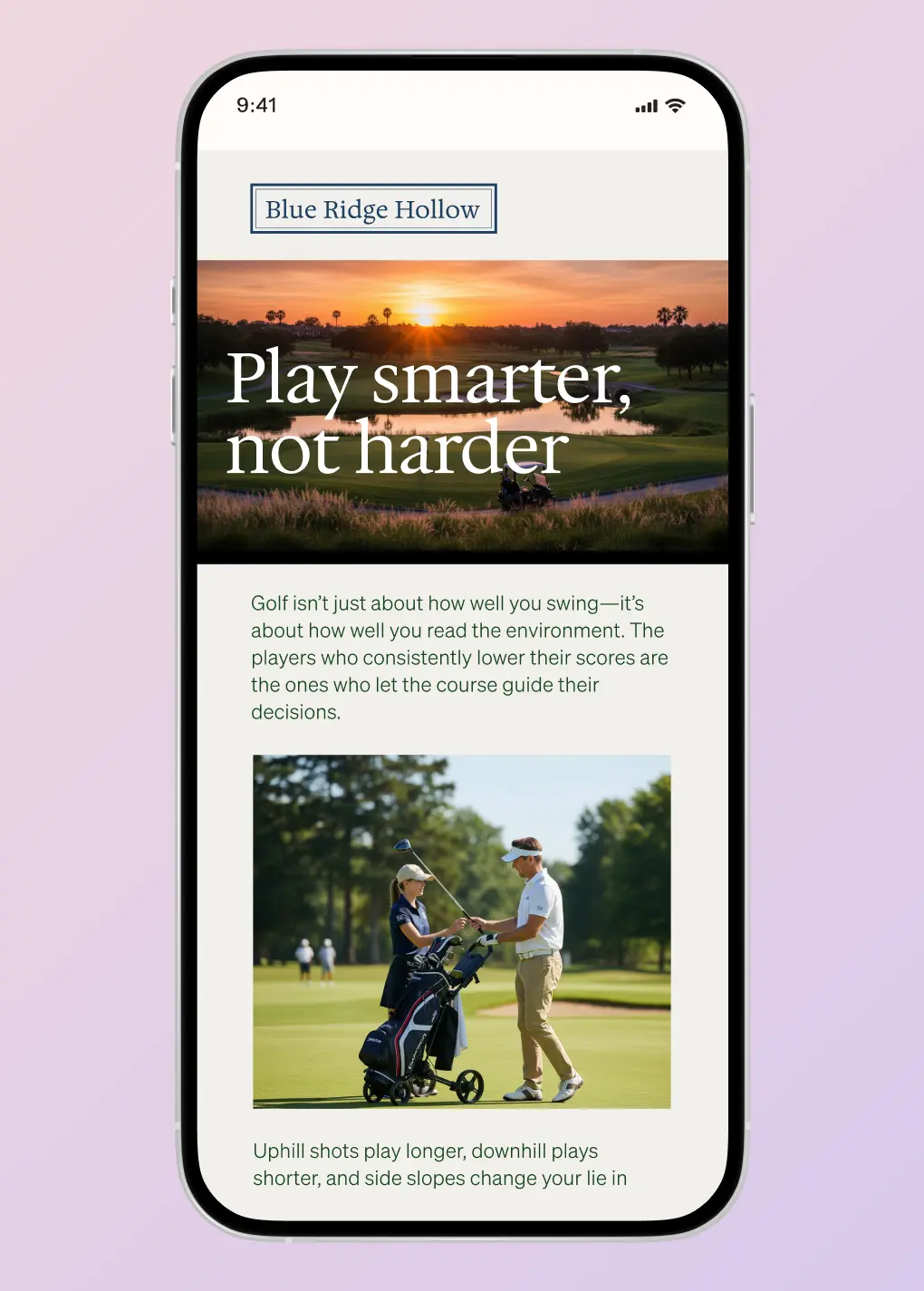 Mobile screen displaying a golf-themed webpage. Header: "Blue Ridge Hollow." Text: "Play smarter, not harder." Image of two golfers.