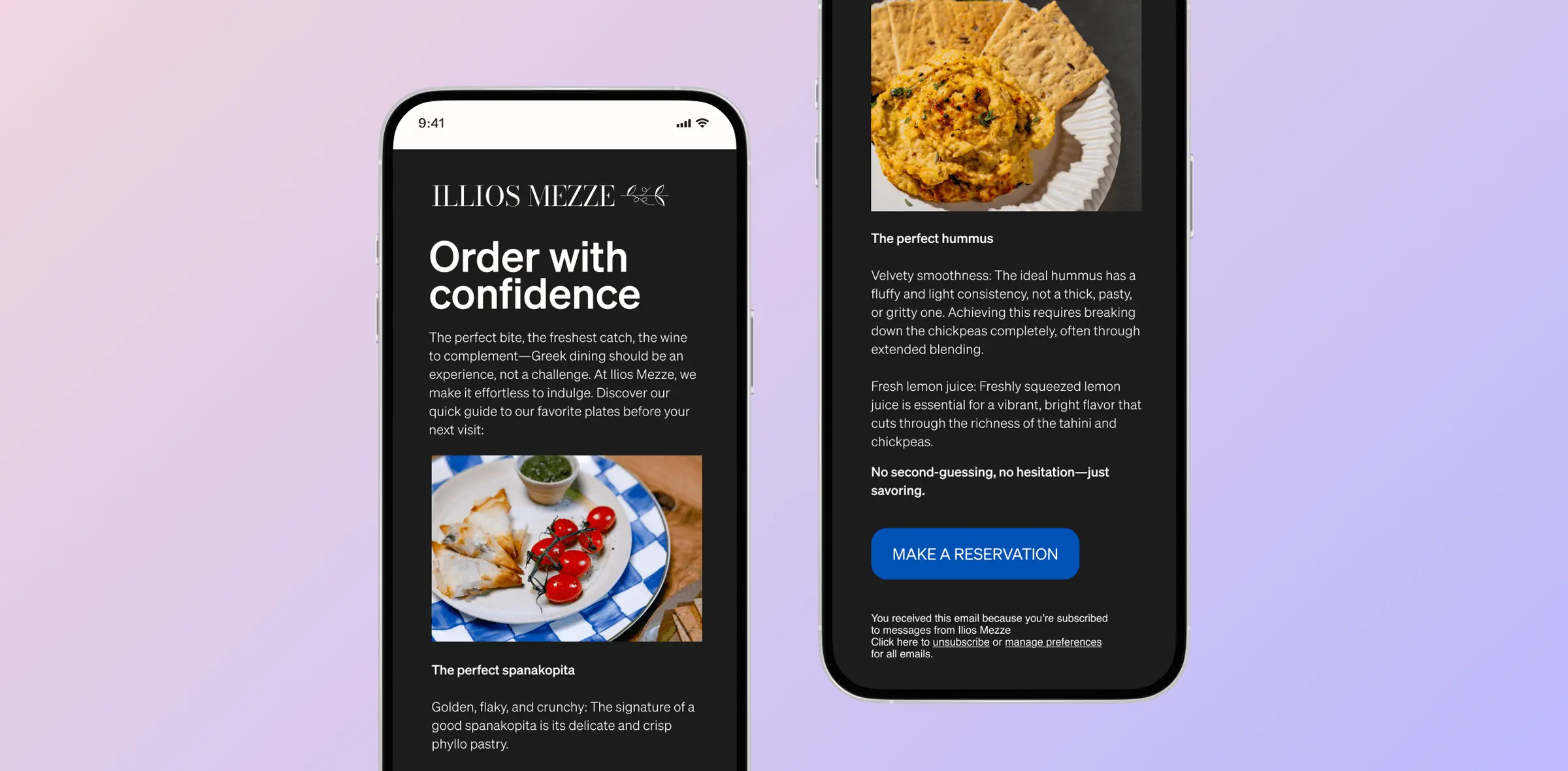 Two smartphones display a restaurant guide for Illios Mezze, featuring dishes like spanakopita and hummus, with a reservation button.