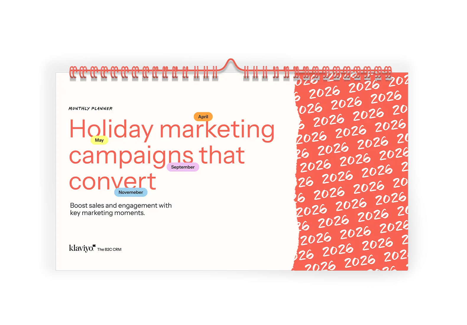 Cover of the "2026 Holiday Marketing Campaigns that Convert" PDF by Klaviyo, featuring a spiral-bound design.