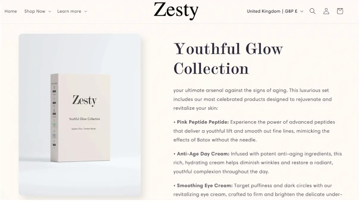 Zesty Youthful Glow Collection packaging and description, highlighting Pink Peptide Peptide, Anti-Age Day Cream, and Smoothing Eye Cream.