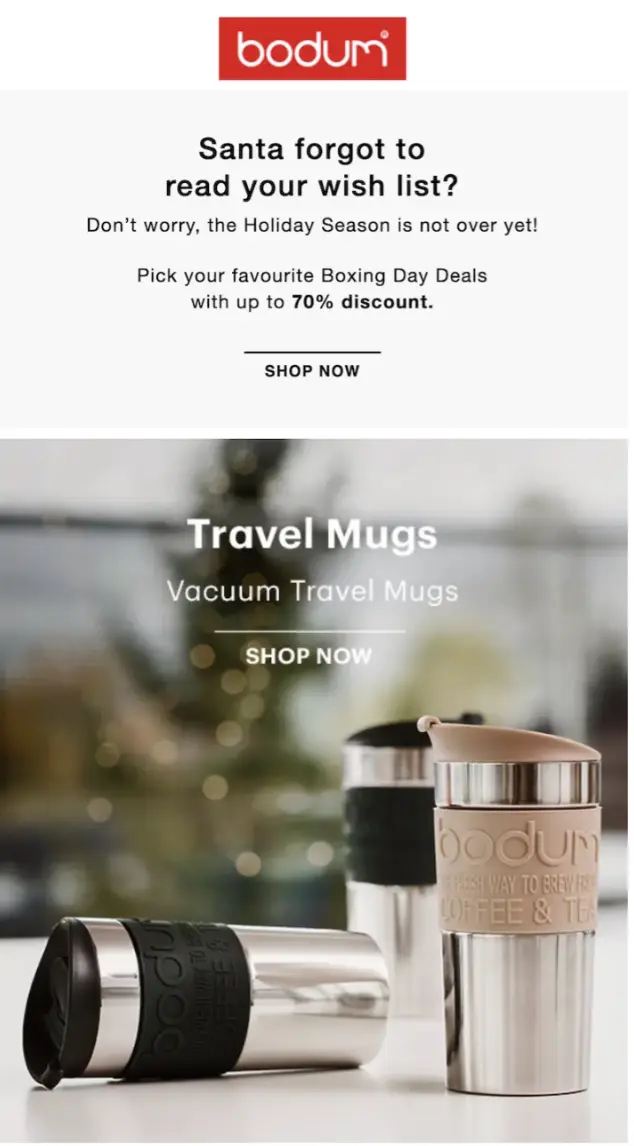 Bodum holiday promotion for Boxing Day deals with up to 70% discount on vacuum travel mugs.