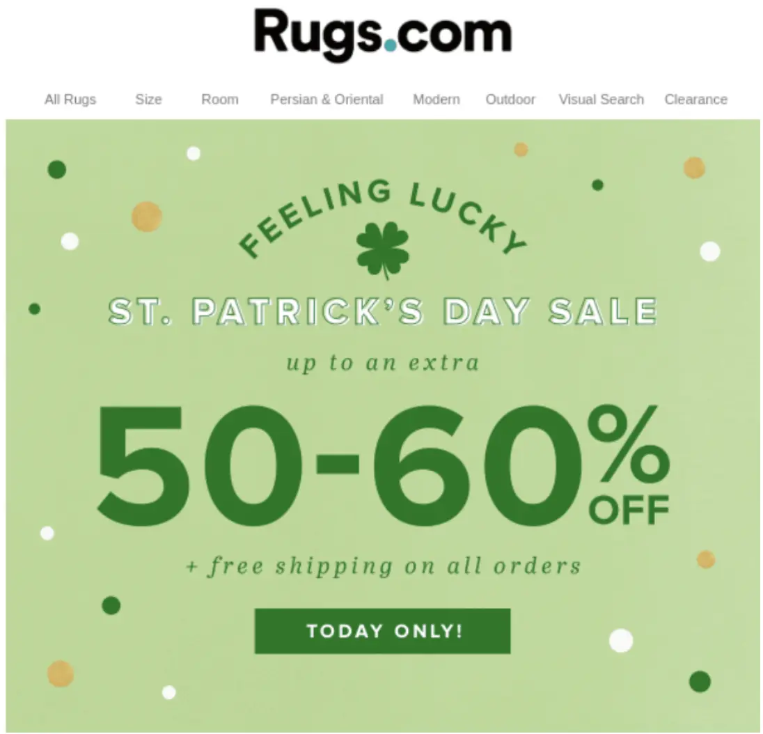 St. Patrick's Day sale ad from Rugs.com offering 50-60% off and free shipping, with a green clover and festive dots.