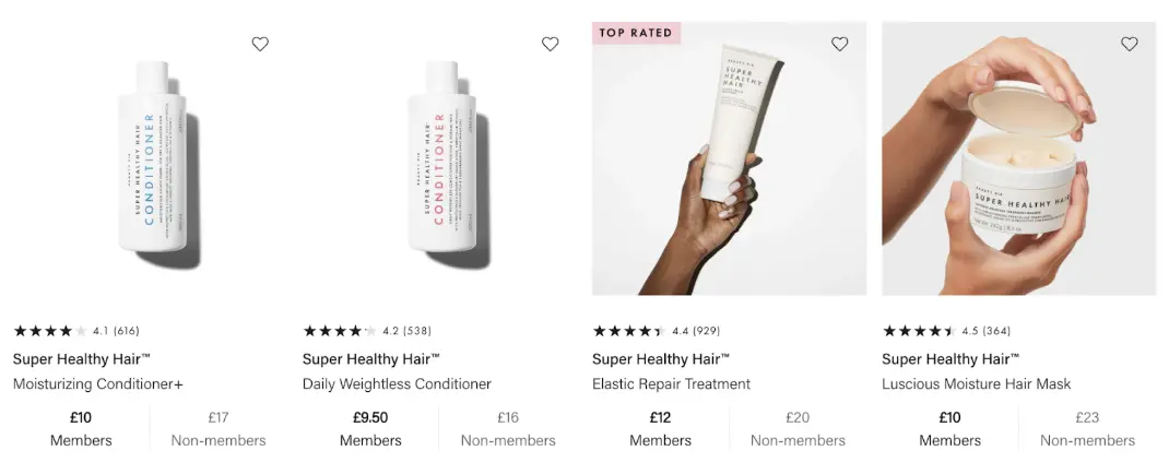 Super Healthy Hair products with member and non-member pricing. Includes conditioners, repair treatment, and hair mask.