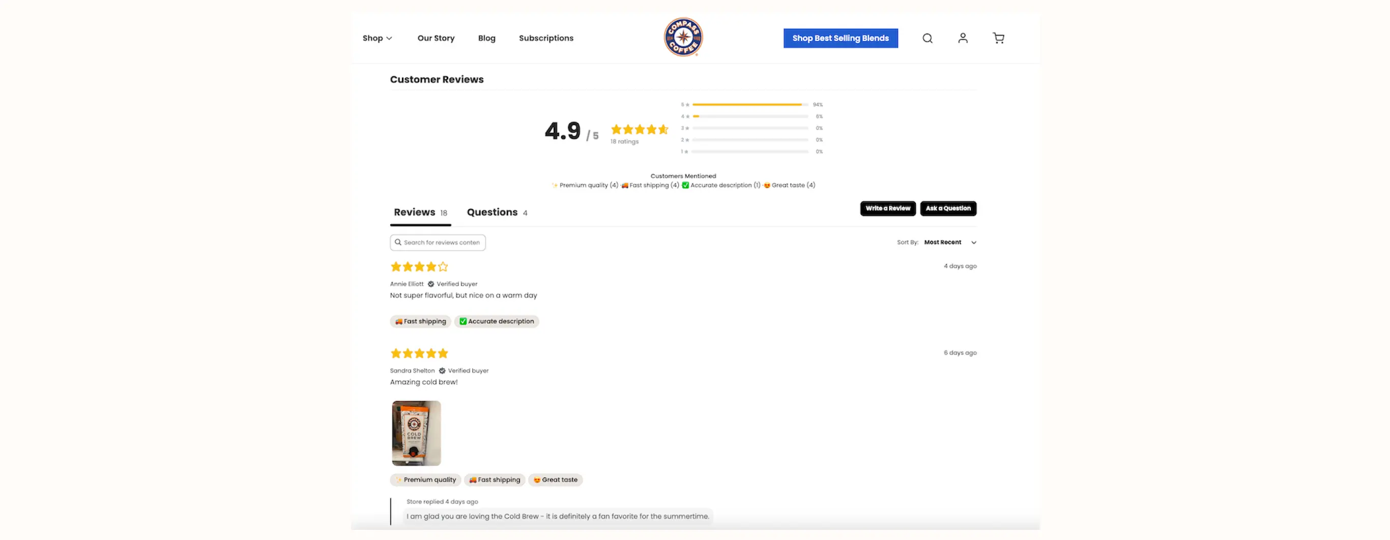 E-commerce page showing Compass Coffee reviews. Average rating is 4.9 out of 5 from 18 ratings. Includes customer comments and product image.
