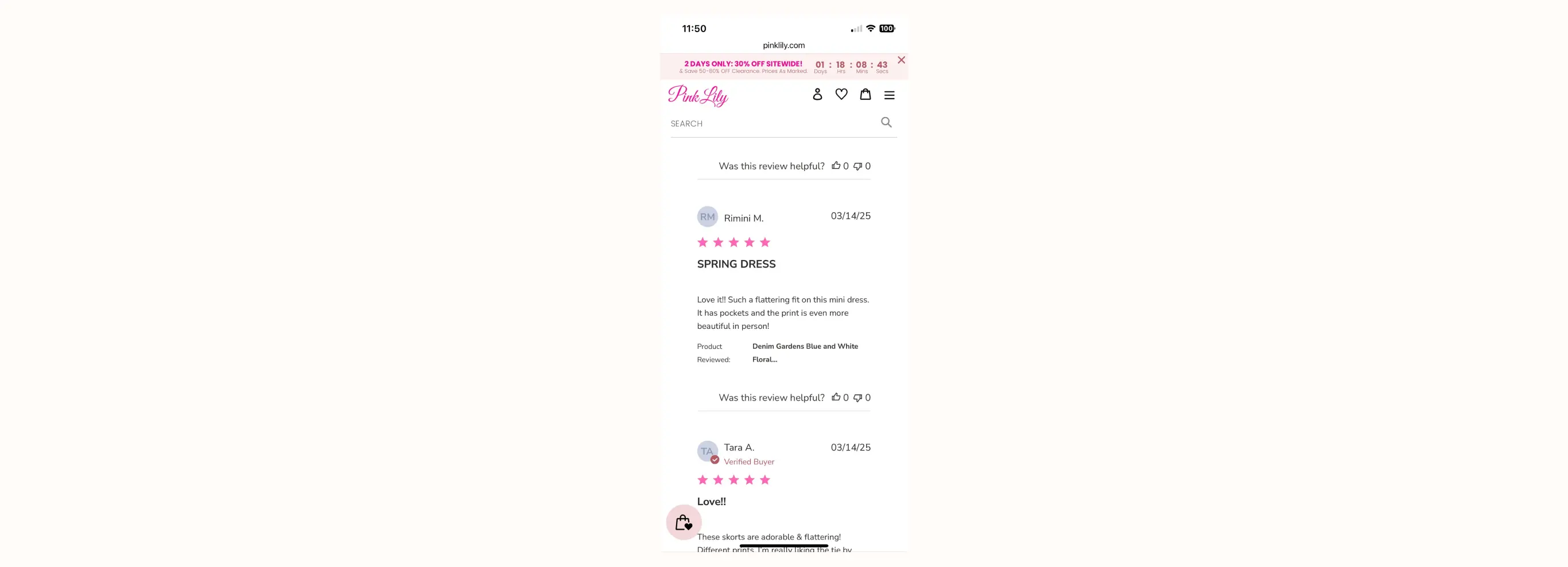 Mobile screen showing Pink Lily website with customer reviews for a spring dress, rated five stars.
