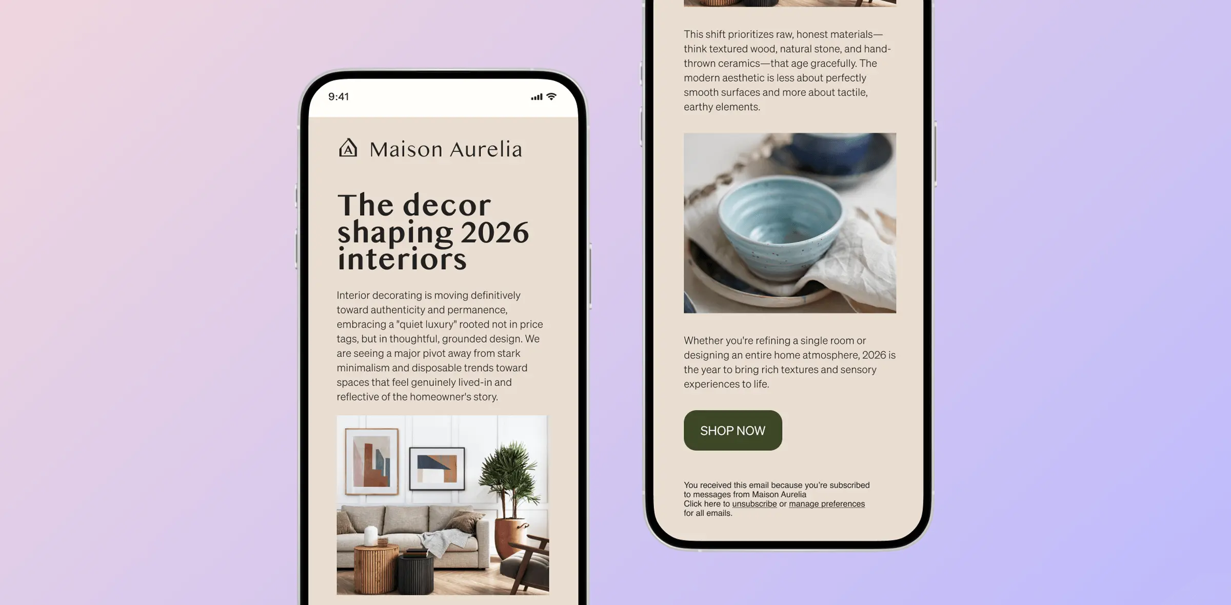 Two smartphones display an article titled "The decor shaping 2026 interiors" by Maison Aurelia, featuring text and images of home decor.