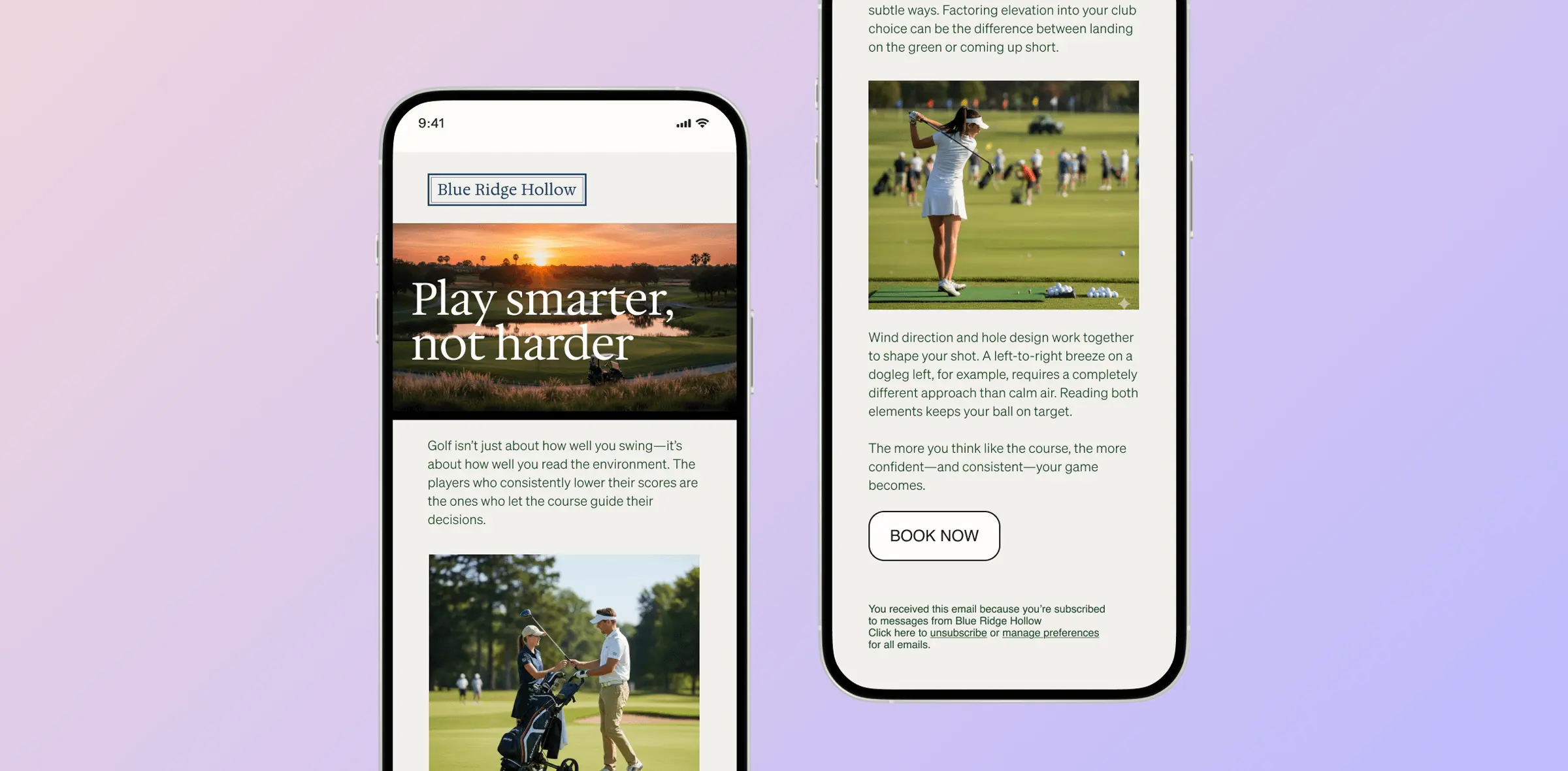 Two smartphones display a golf-themed email from Blue Ridge Hollow. One screen shows "Play smarter, not harder" over a sunset golf course image. The other screen features a golfer and text about improving golf skills.
