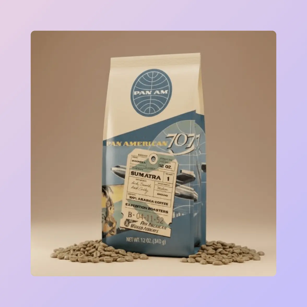 Bag of Pan Am Sumatra coffee with vintage airline design, surrounded by coffee beans.