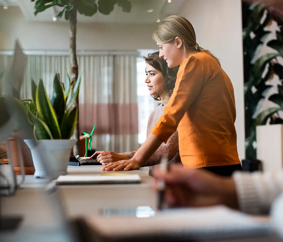 Two small business owners looking at a laptop together