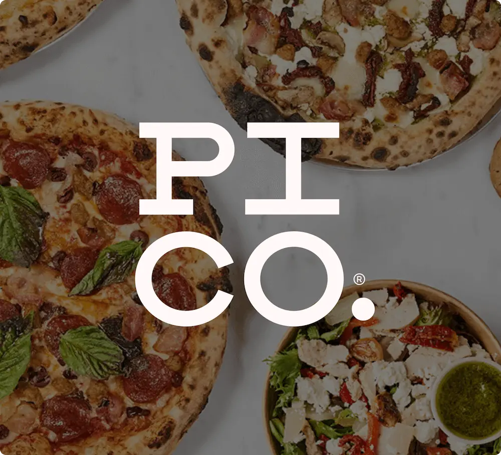 Pizzas and a salad with "PI CO." text overlay.