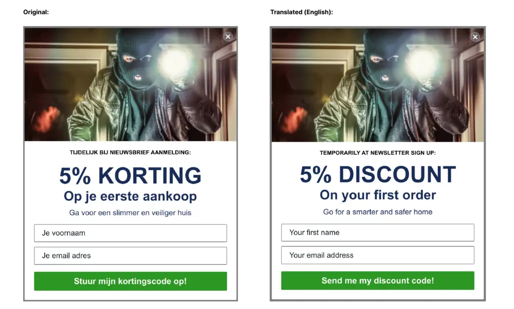 A side by side comparison of two emails from Smart Home Beveiliging that feature discounts.