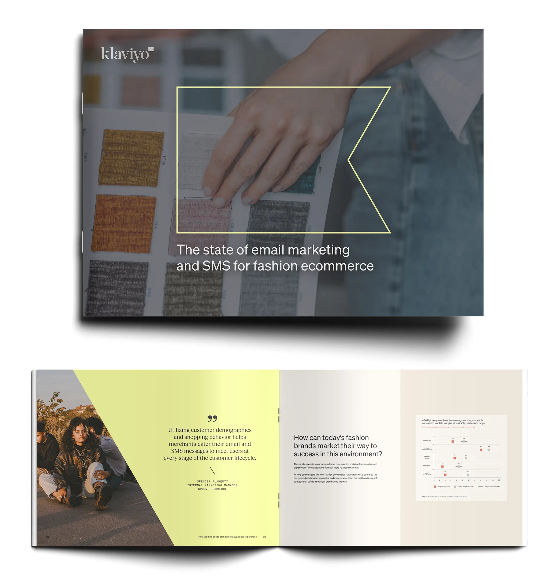 Klaviyo logo outline highlighting a persons hand while they choose some fabrics