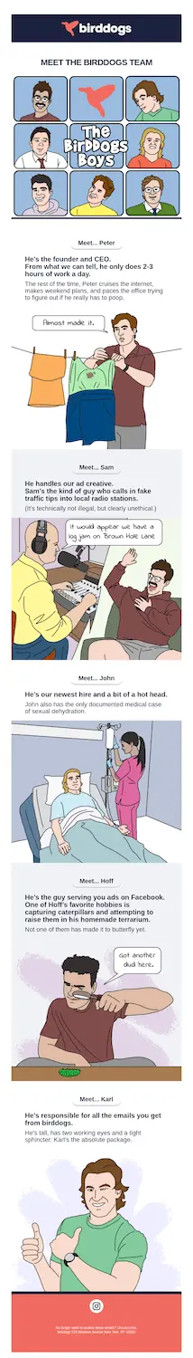 Image shows an email newsletter example from men’s apparel brand Birddogs, which introduces readers to the Birddogs team using a comic strip style.