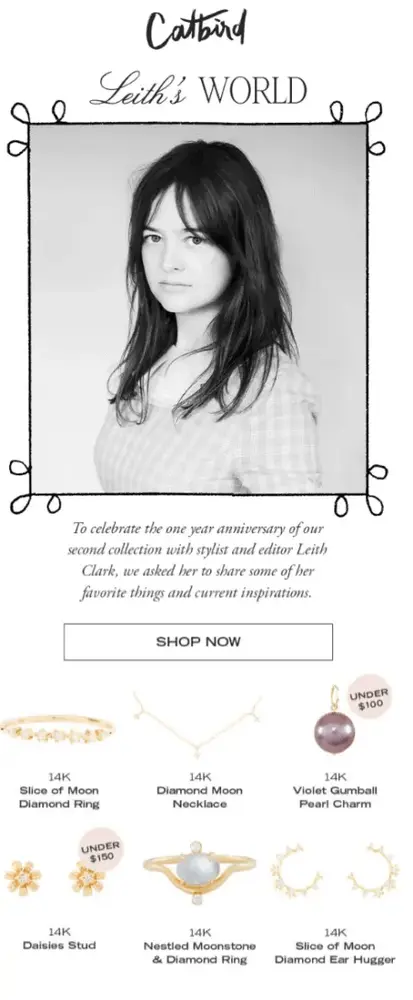 A black-and-white photo of a light-skinned person with dark hair looking at the camera is framed in black. Underneath are 6 product shots of gold jewelry in two rows, including a necklace, some rings, and earrings.