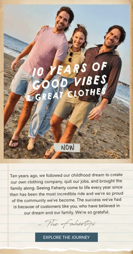 Three light-skinned people stand on a beach wearing light clothing of various colors. On top of the image, white text reads, “10 years of good vibes and great clothing,” with more text underneath set against a beige notepad background. Underneath a blue CTA reads, “Explore the journey.”