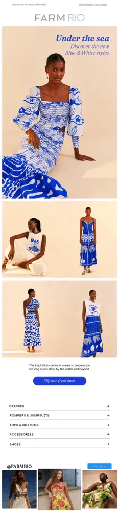 Email newsletter with various panel images of dark-skinned people wearing blue and white dresses. Underneath is a blue CTA button that reads, “Slip into fresh faves”.