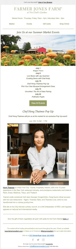A newsletter with a list of event dates in July, with an image of a lush green field with flowers of various colors above it. Underneath is a photo of a dark-haired person wearing a white shirt and staring at the camera while leaning over a metal table in a kitchen.