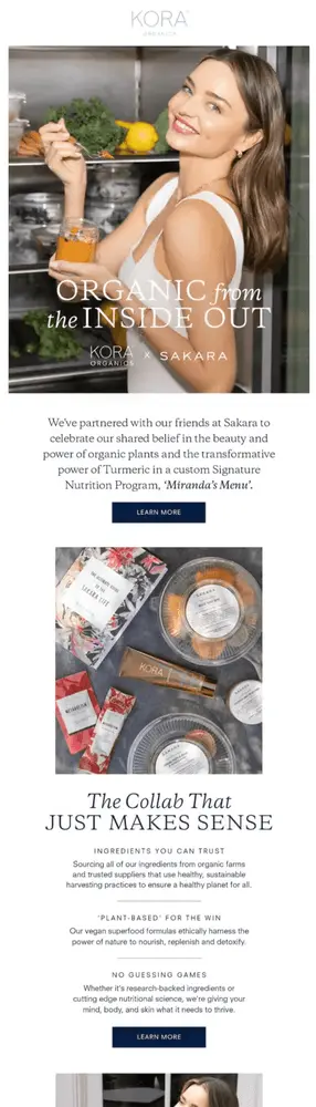 A light-skinned person is holding up a spoonful of orange turmeric from a clear jar while smiling at the camera. Underneath is an image of various skin products in various colors. A headline reads, “The collab that just makes sense” with a navy blue CTA that reads, “Learn more.”