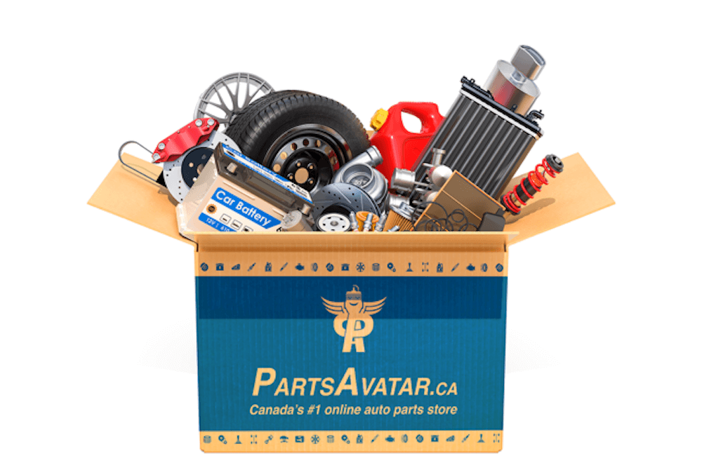 An overflowing cardboard box of car parts and tools from Canada's #1 online auto parts retailer, Parts Avatar.