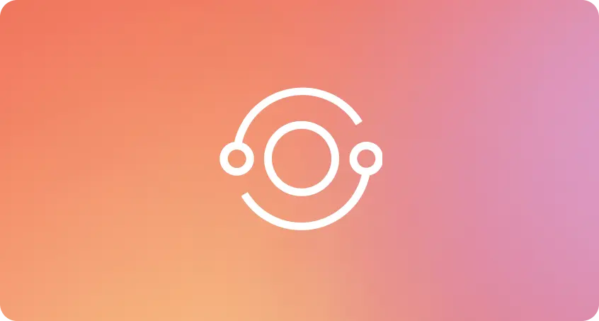 White icon showing a circle with additional circles spiraling around it against a pink and orange gradient