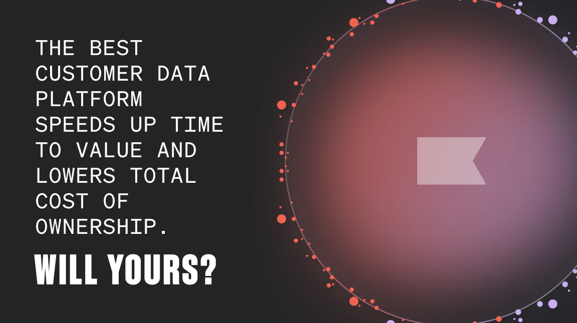 "The best customer data platform speeds up time to value and lowers total cost of ownership. Will yours?" text next to a circle with several poppy and lavender dots scattered around the edges, with a Klaviyo flag in the middle