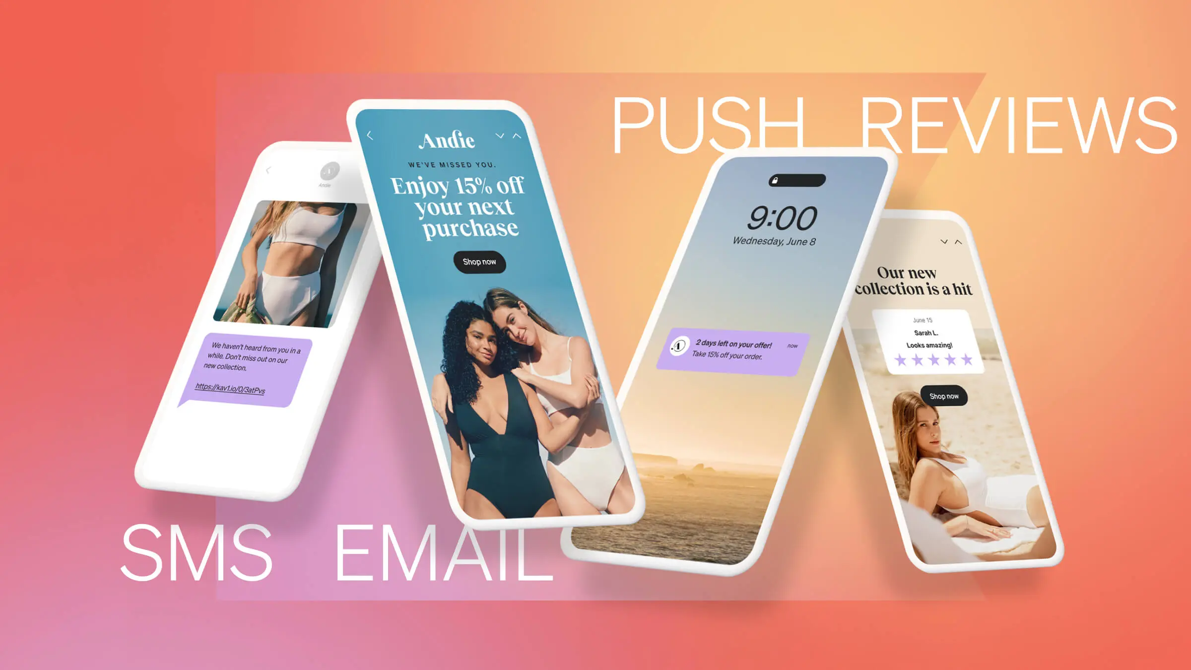 Graphic is a frame from the Klaviyo demo video. There are 4 smart phones, each representing a different channel: email, SMS, mobile push, and reviews.