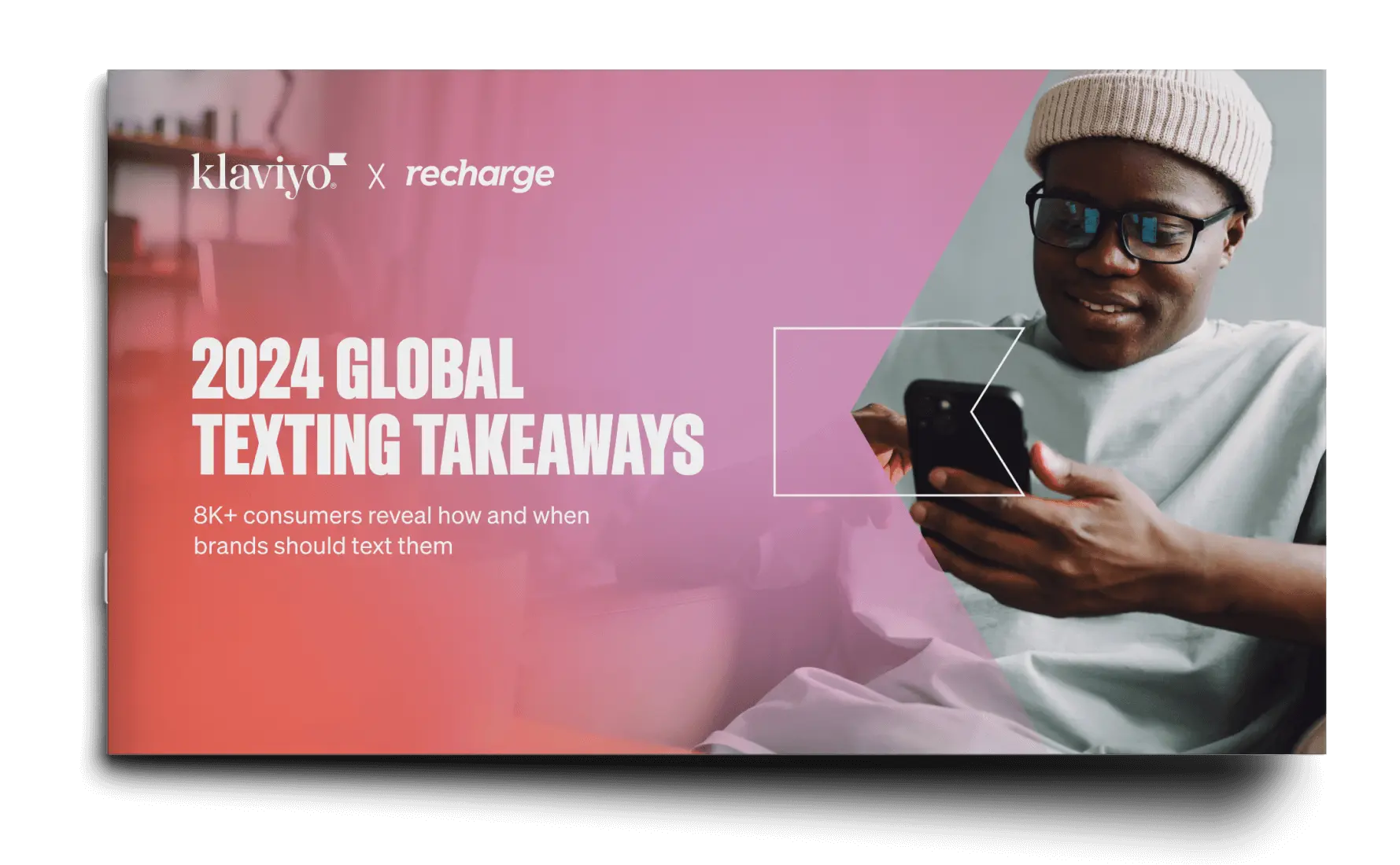 Graphic includes the title of the report "2024 Global Texting Takeaways," and a photograph of a man looking at his smartphone. The Klaviyo logo and Recharge logo are also shown.