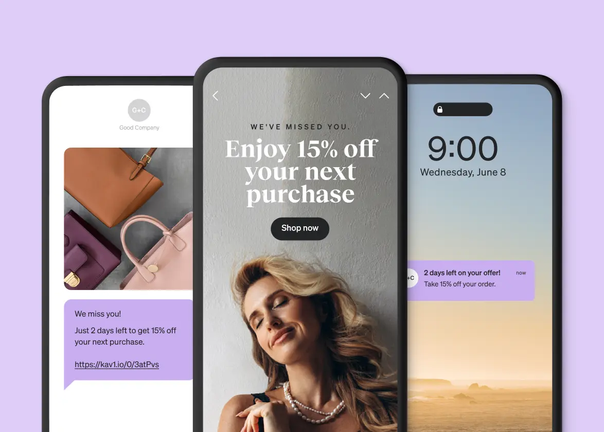 three phones, with the left phone showing a text message for a 15% off purchase for handbags, the middle phone showing an email for 15% off purchase with woman wearing necklace, and the right phone showing a push notification for 15% off