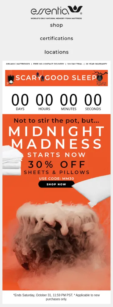 Image shows a marketing email from essentia. The H1 reads “Scary good sleep” and includes a countdown clock for the 30% discount. Underneath, against an orange background, is a black cauldron overflowing with smoke, with smaller images of a pillow and sheets floating above it.