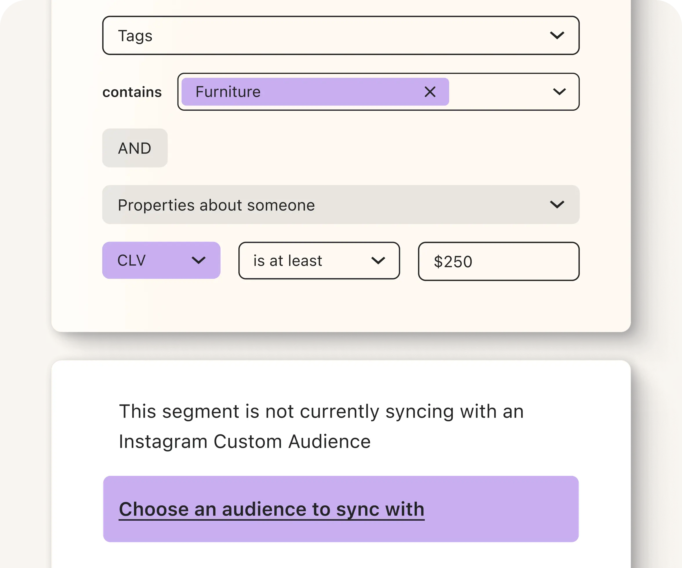 Example of what a segment's properties will look like in Klaviyo with ability to sync audiences