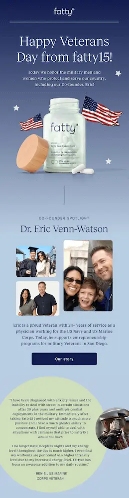 Image shows a Veterans Day marketing email from supplements brand fatty15, first wishing readers a happy holiday, then moving into an introduction of the brand’s co-founder, a veteran himself, and finally moving into a testimonial from a veteran customer whose quality of life improved after using the brand’s supplements.