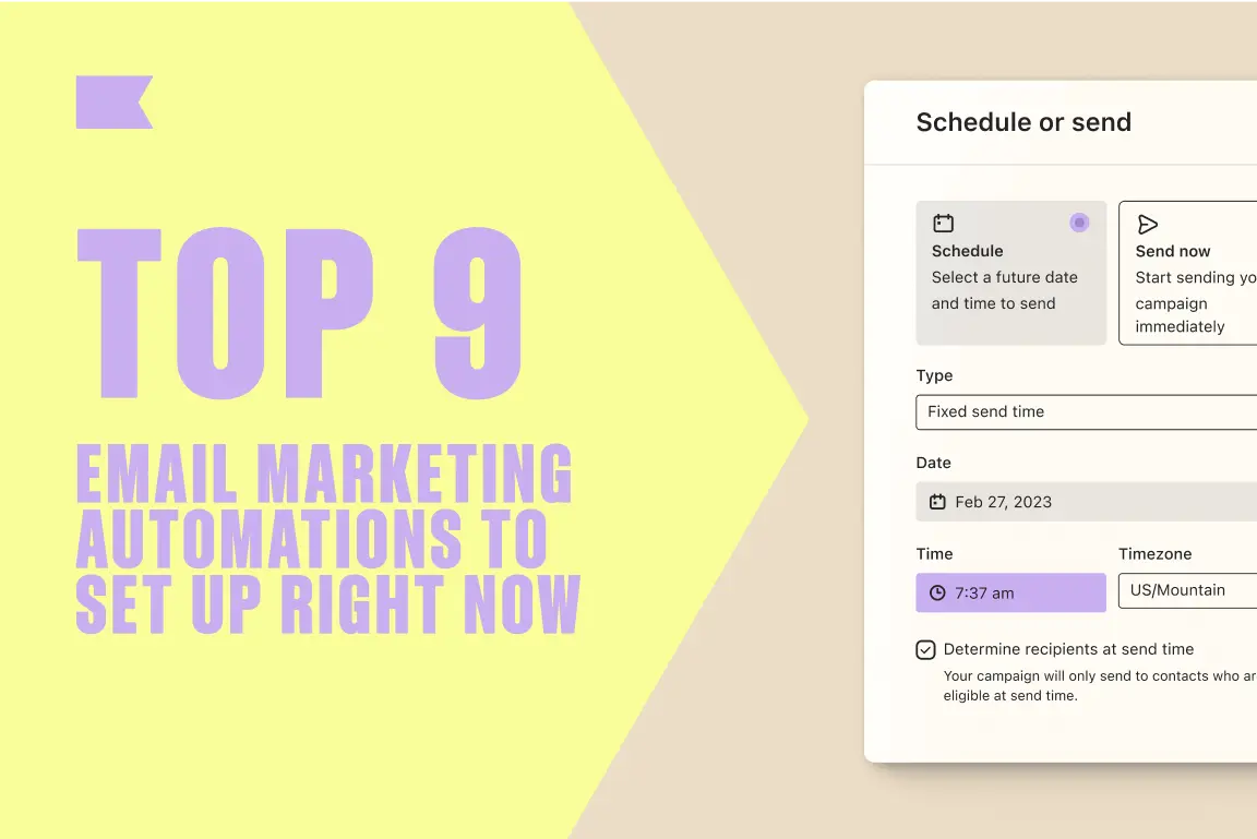 The top 10 email marketing automations to set up right now, written next to an illustration of Klaviyo’s flow library.