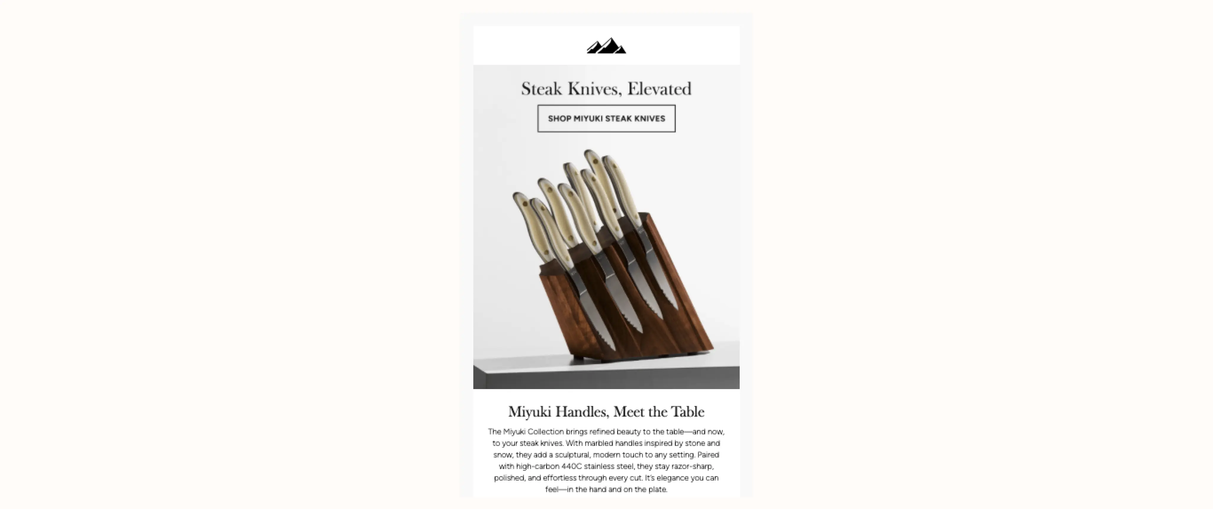 Image shows an email from cutlery brand New West KnifeWorks, featuring a product shot, ample spacing, a simple black and white color palette, and a large CTA button that reads, “shop Miyuki steak knives.”