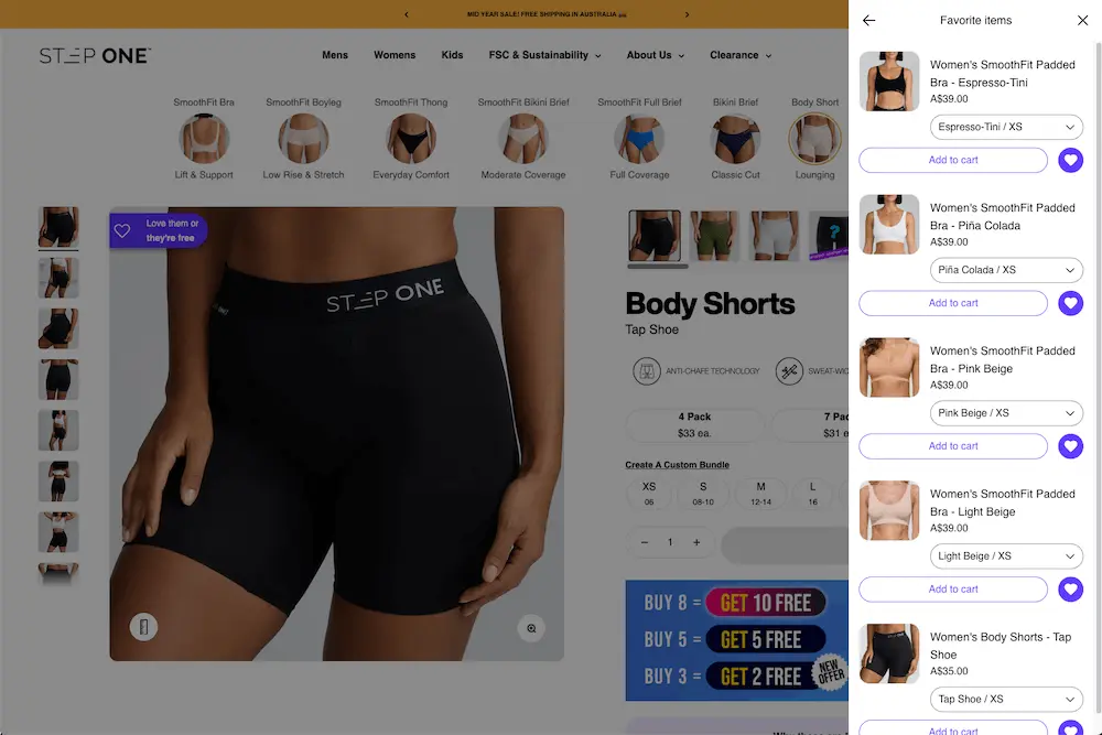customer-hub-favorites-new Image shows the homescreen of a customer shopping on StepOne, with the products they've favorited on the right.