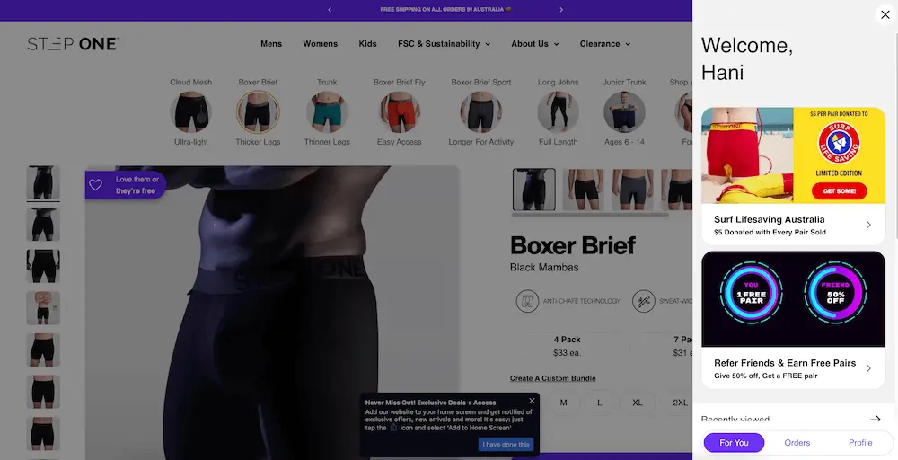 Klaviyo-customer-hub-no-disruption Image shows the StepOne’s homepage with the shopper logged in. The shopper can still see what they’re browsing, along with a welcome message on the right with personalized offers.
