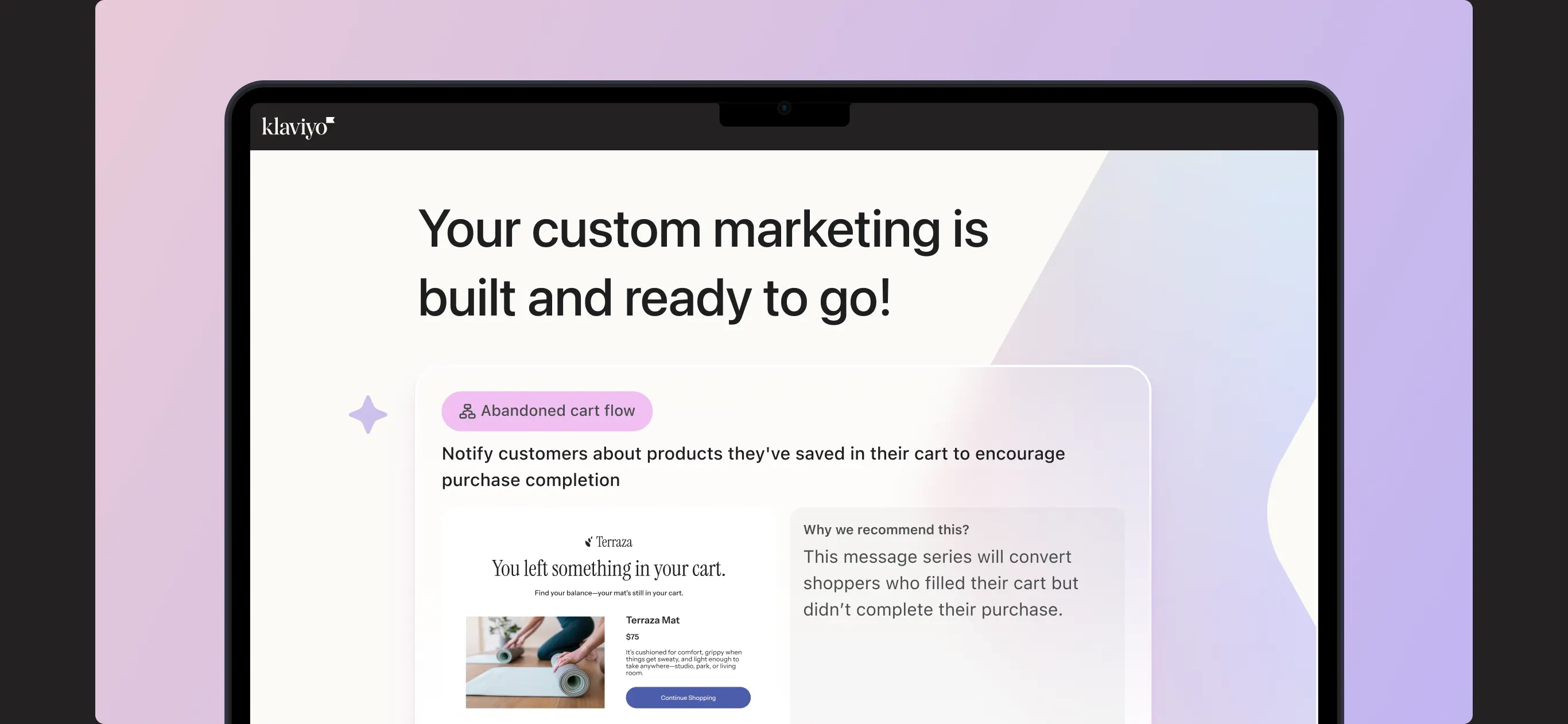Klaviyo marketing dashboard showing an abandoned cart flow notification and recommendation message.