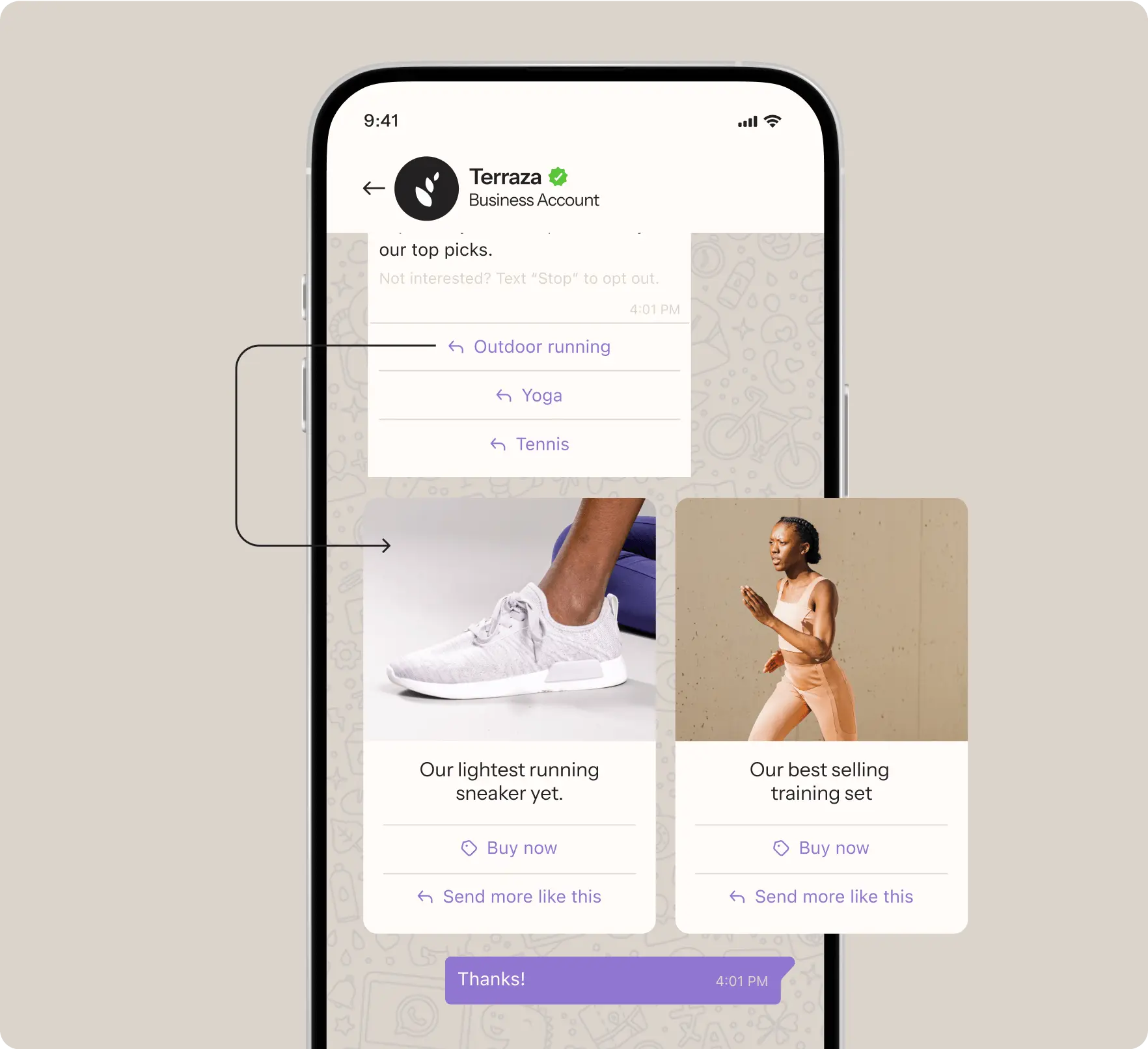 Phone showing interactive WhatsApp message with the ability to select products and "but now" right from the message