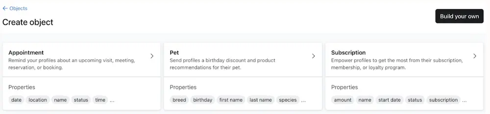 BFCM-AKDP-custom-objects-advanced-cdp Interface for creating custom objects with options for Appointment, Pet, and Subscription, each with specific properties.