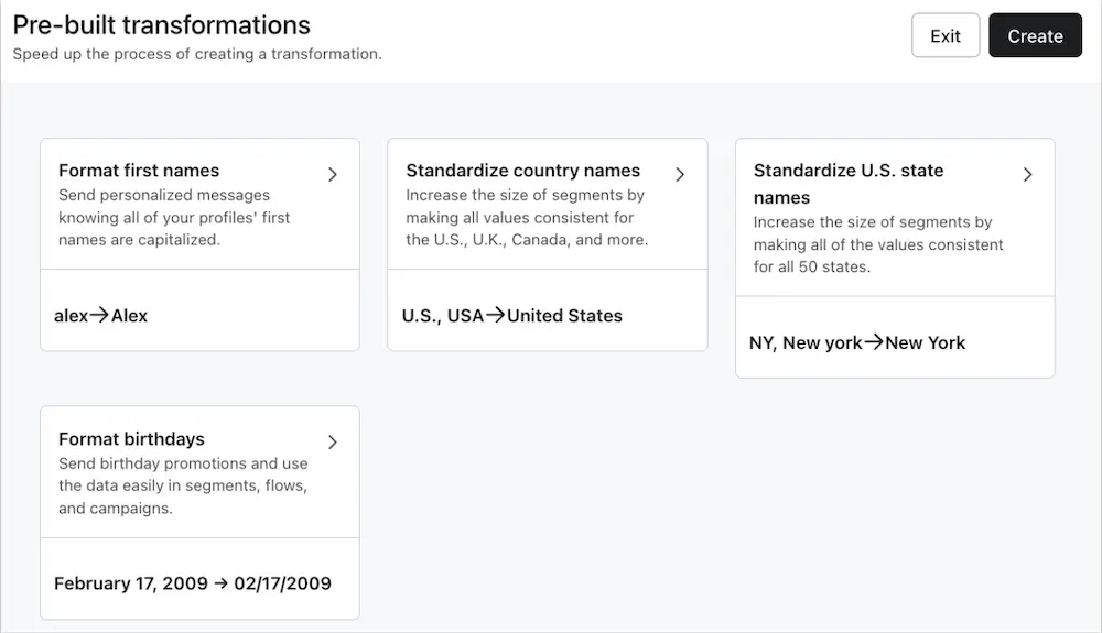 pre-built-transformations-advanced-cdp Interface showing pre-built data transformations: formatting first names, standardizing country and U.S. state names, and formatting birthdays.
