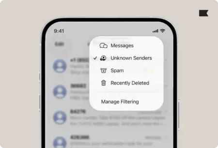 ios-26-inbox-filtering iPhone screen showing message filtering options: Messages, Unknown Senders, Spam, Recently Deleted, and Manage Filtering.