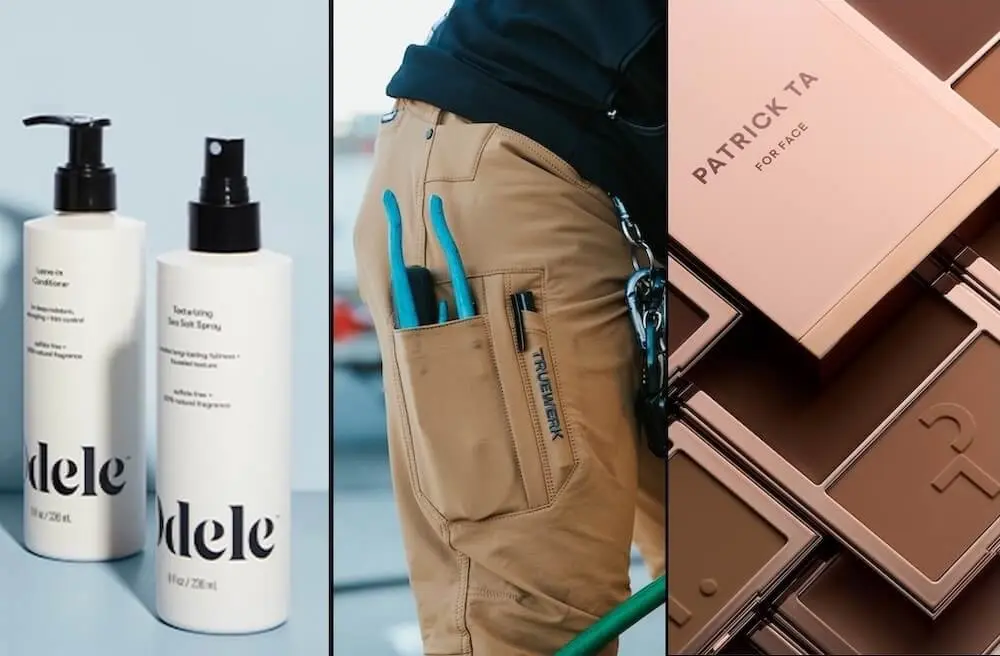 Three-panel image: Left shows Adele hair products, center shows a person wearing Truewerk pants with tools, right shows Patrick Ta makeup.