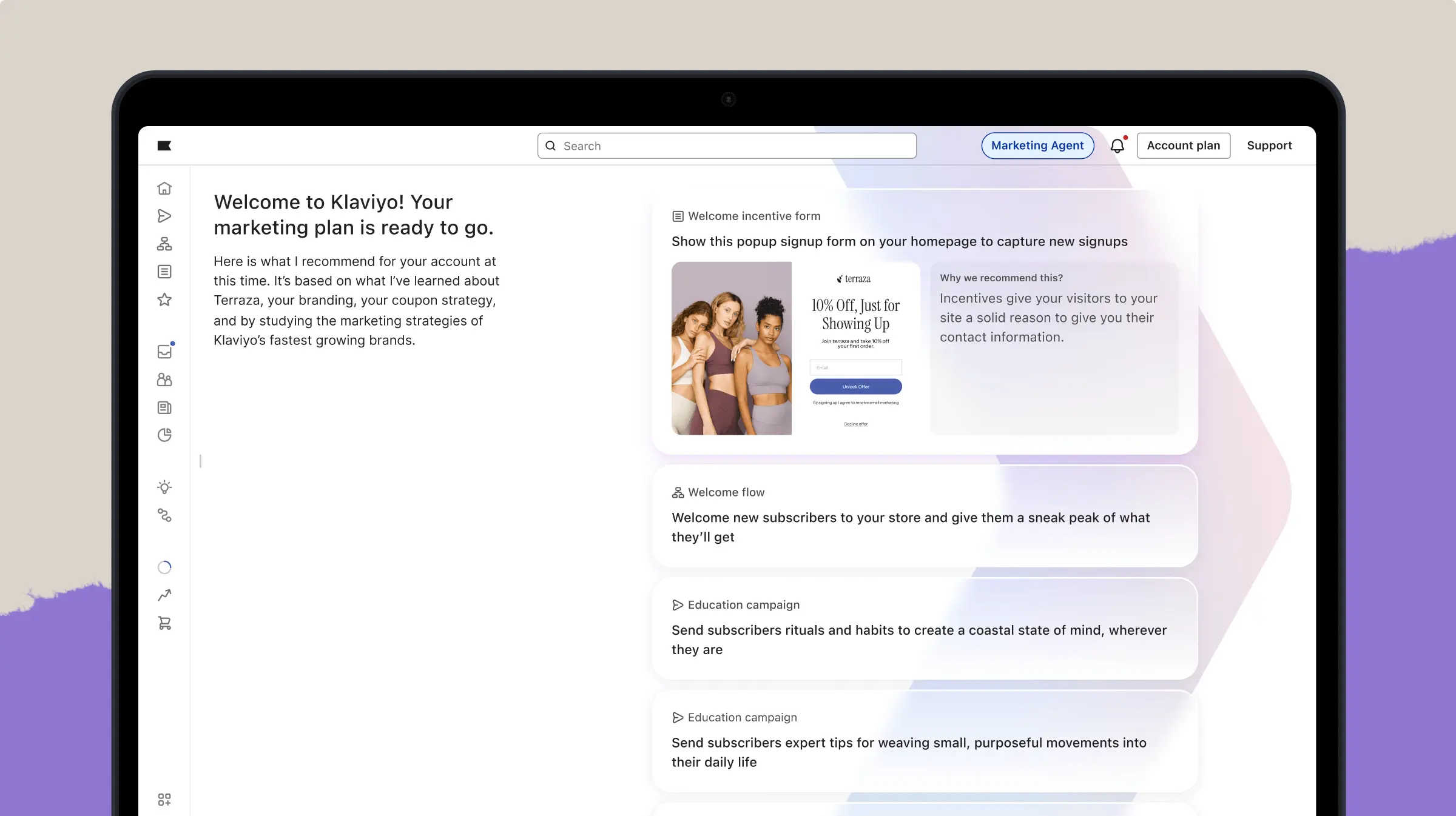 Klaviyo marketing plan interface on a screen, featuring welcome message and incentive form for capturing new signups.