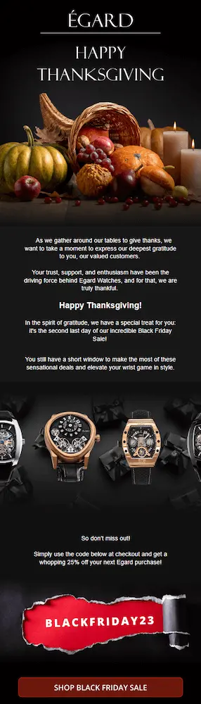 Image shows a Thanksgiving email from luxury watch brand Egard, which reads “happy Thanksgiving” across the top over an illustration of a Thanksgiving feast. In a color scheme of cream copy on a black background, the email thanks customers for their loyalty and provides a discount code for the brand’s upcoming Black Friday sale.