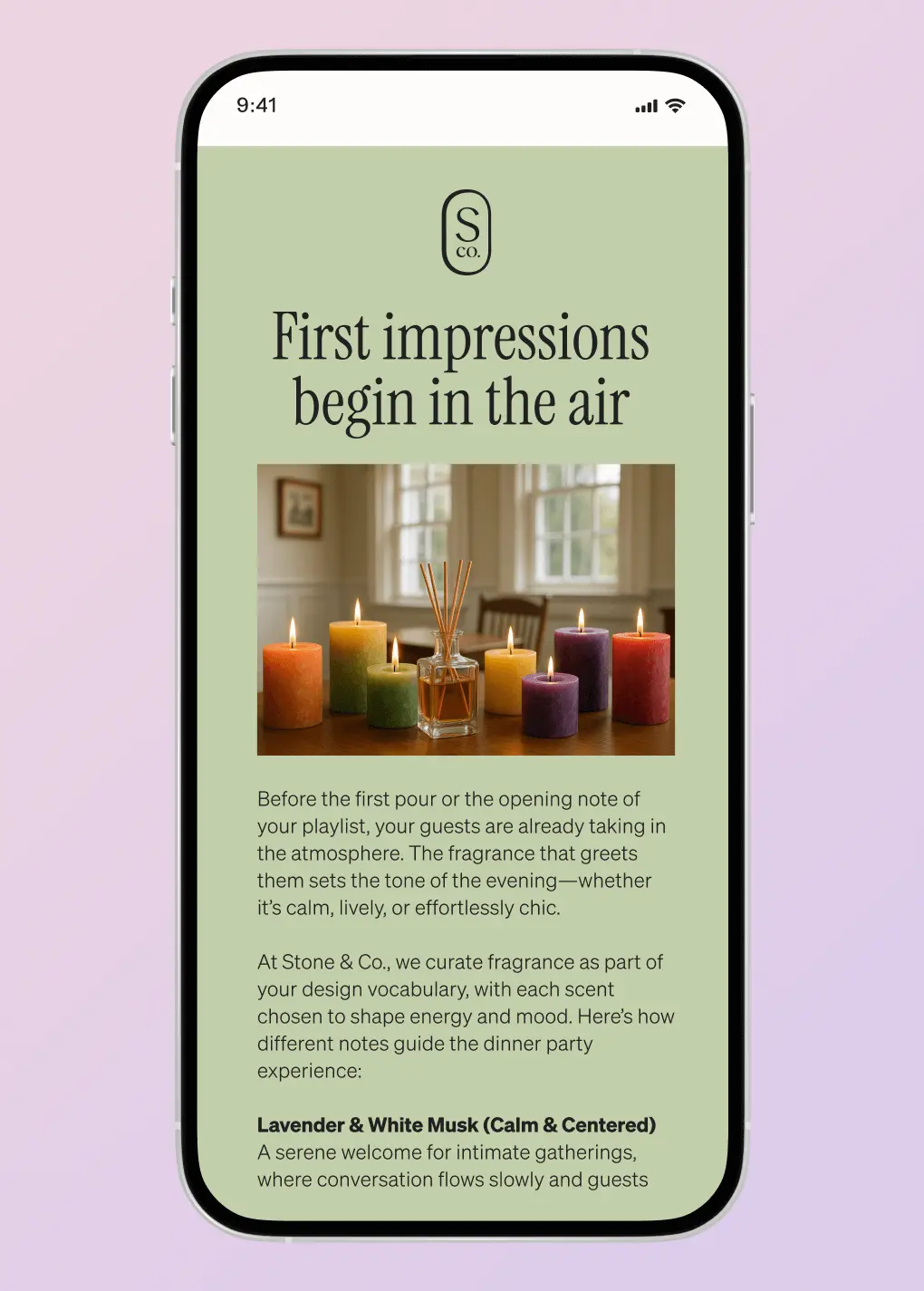 Mobile screen displaying a Stone & Co. fragrance ad with lit candles and text about creating a welcoming atmosphere.